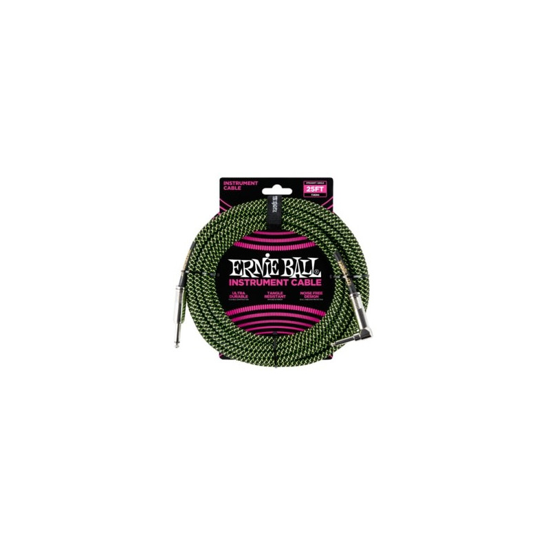 Ernie Ball 25FT STRGHT/ANGLE BRAIDED BLK/GREEN CABL Ernie Ball 25FT STRGHT/ANGLE BRAIDED BLK/GREEN CABL
