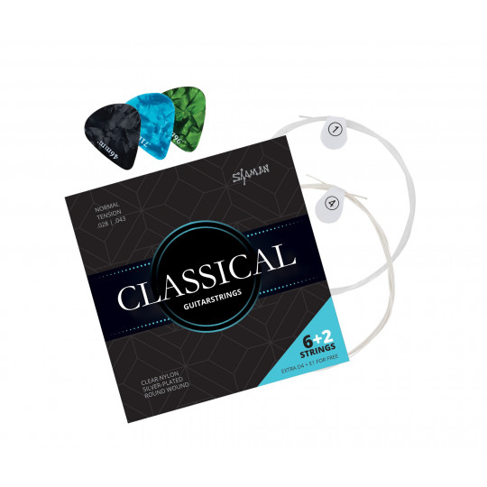 Shaman Classical struny pro koncertní kytaru, 2 náhradní struny a 3 trsátka